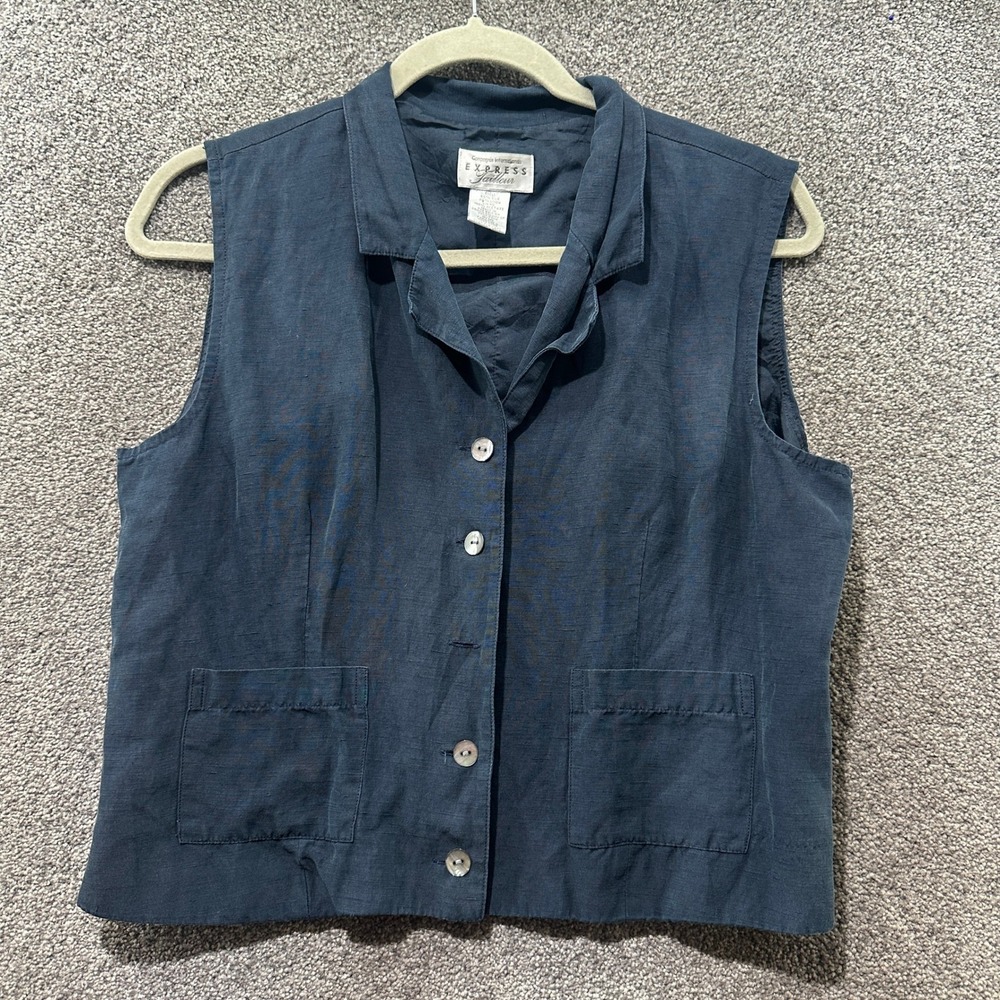 Express Tailleur Vintage Silk Linen Vest Navy Blue Button Up Size 9/10